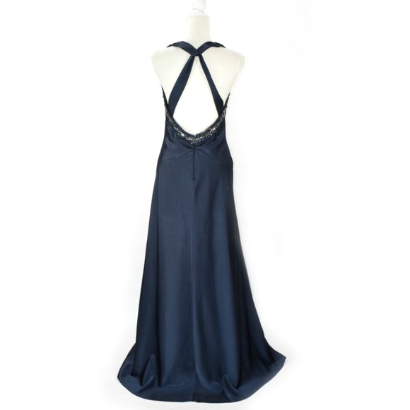 BCBG Deep Blue Draped Beaded A-line Formal Gown - Picture 3 of 8